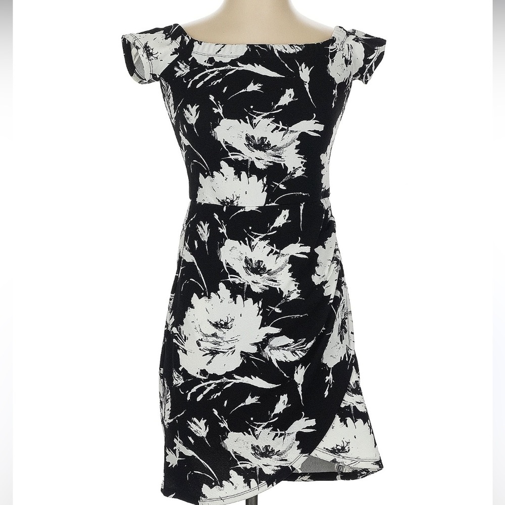 Floral Black and White Off The Shoulder Mini Dress